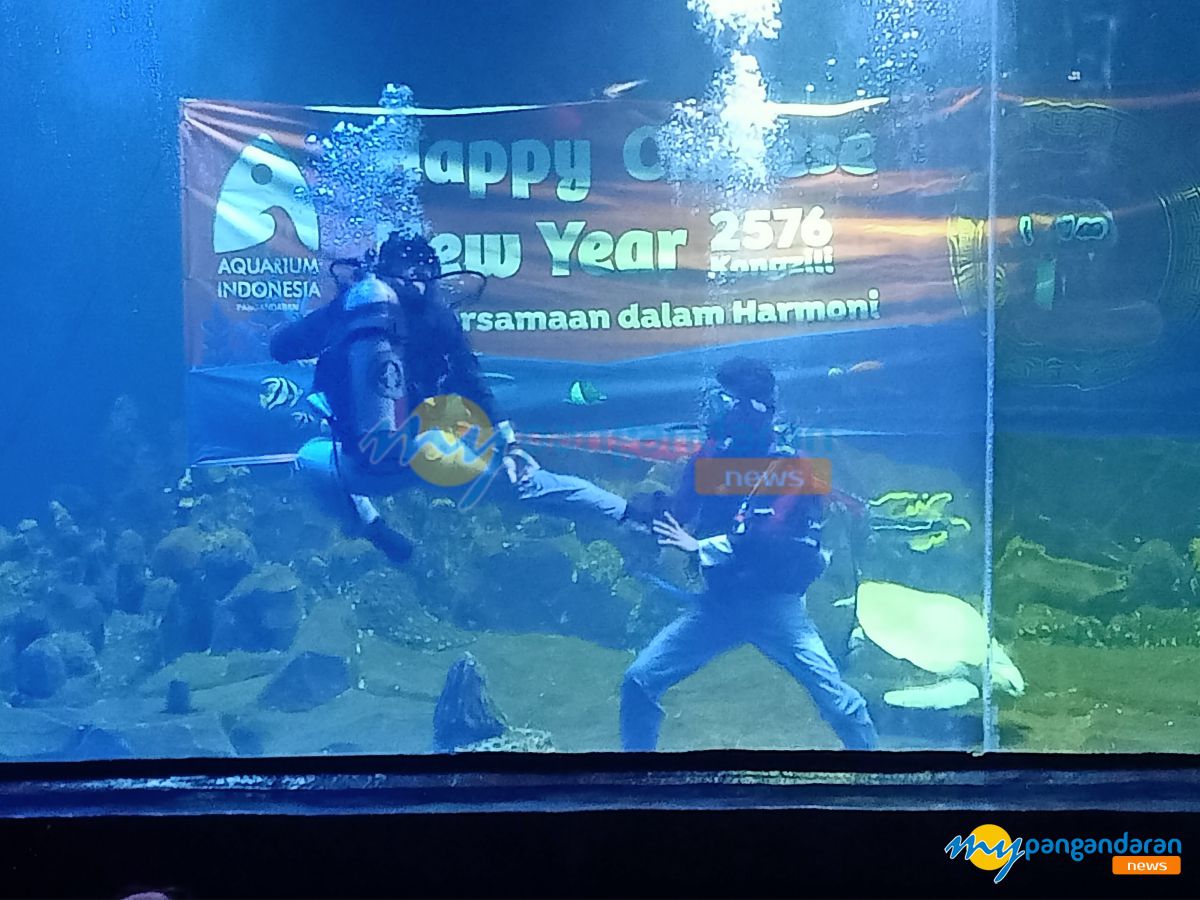 Pertunjukan Kungfu Dalam Air Meriahkan Perayaan Imlek 2025 di Aquarium Indonesia Pangandaran