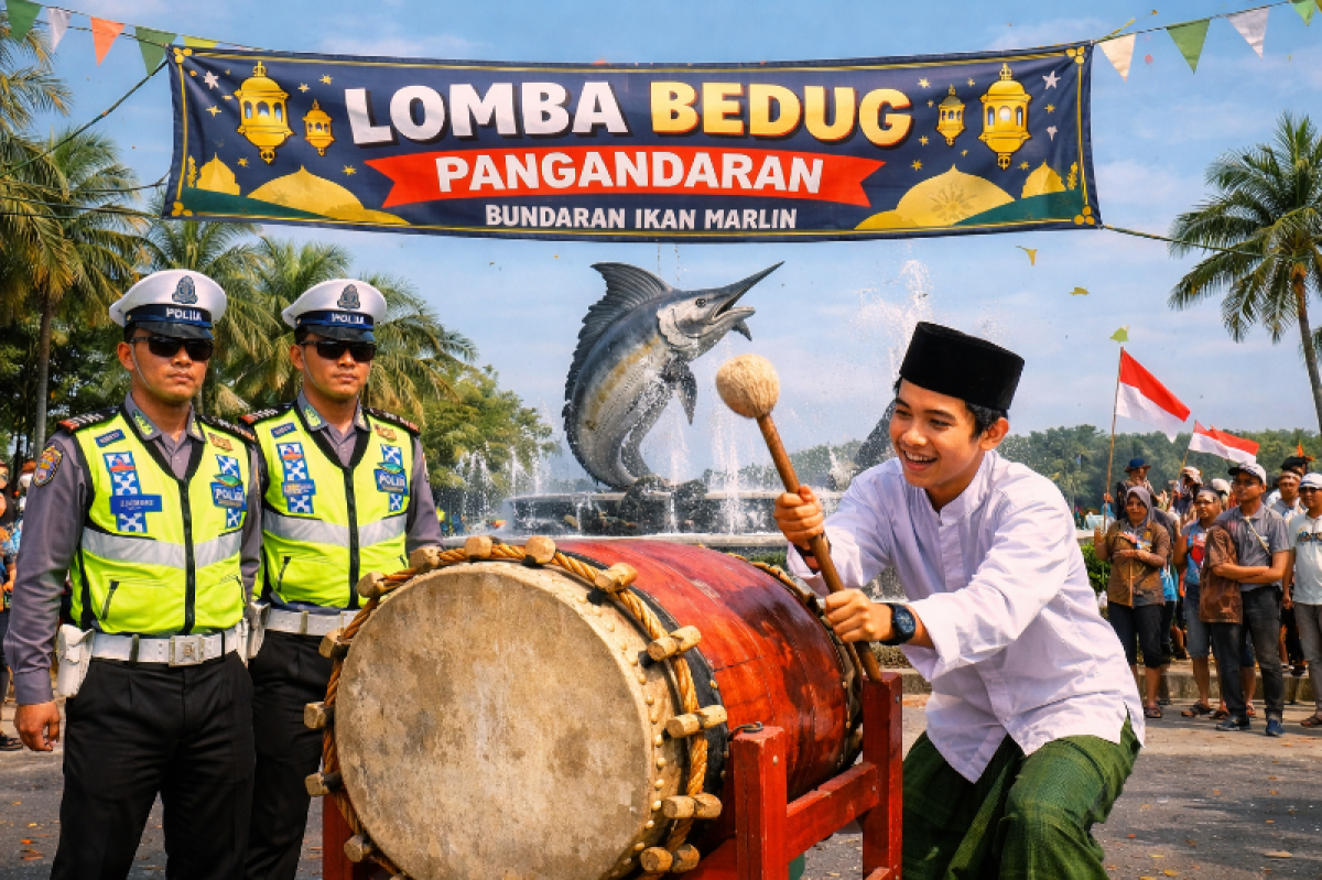 Satlantas Polres Pangandaran Gelar Lomba Ngabedug dan Takbir Bersama di Bundaran Marlin